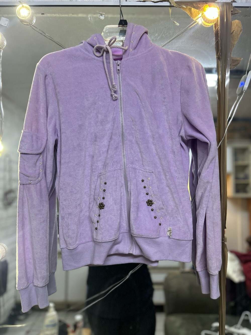 Fifi Collection Y2K Lavender Velour Zip-Up Hoodie with Studded Graphics and Carg
